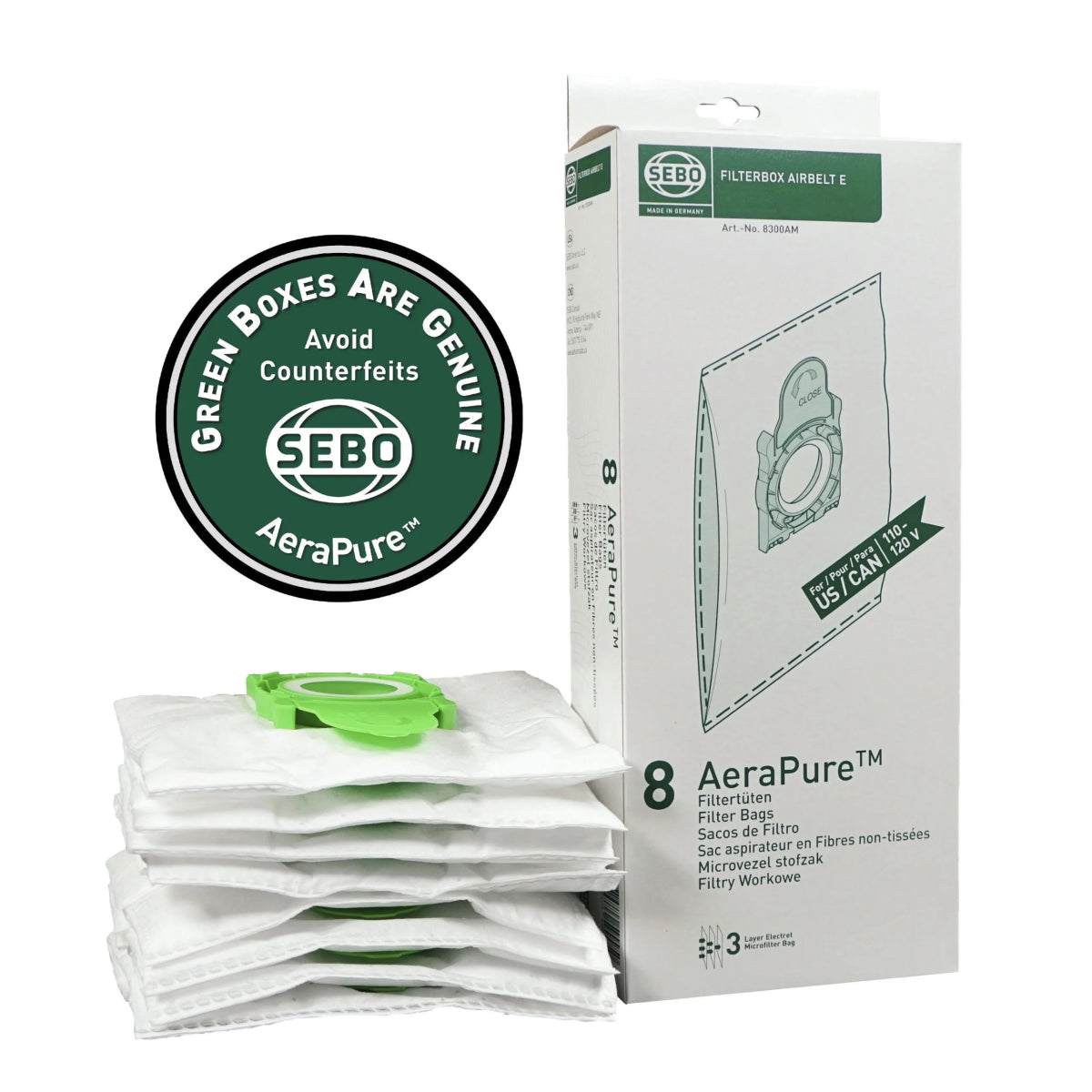 SEBO Airbelt E Ultra AeraPure Bags – 8 Pack